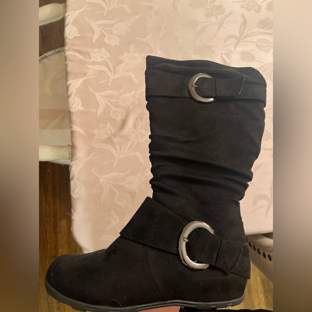 Journee Jester Knee High Black Faux Suede Boots with Buckles